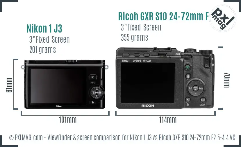 Nikon 1 J3 vs Ricoh GXR S10 24-72mm F2.5-4.4 VC Screen and Viewfinder comparison