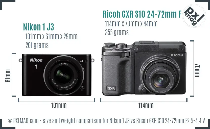 Nikon 1 J3 vs Ricoh GXR S10 24-72mm F2.5-4.4 VC size comparison