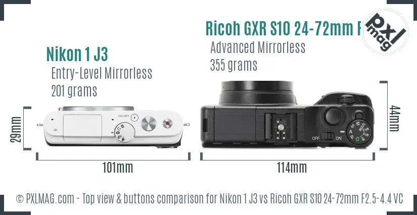Nikon 1 J3 vs Ricoh GXR S10 24-72mm F2.5-4.4 VC top view buttons comparison