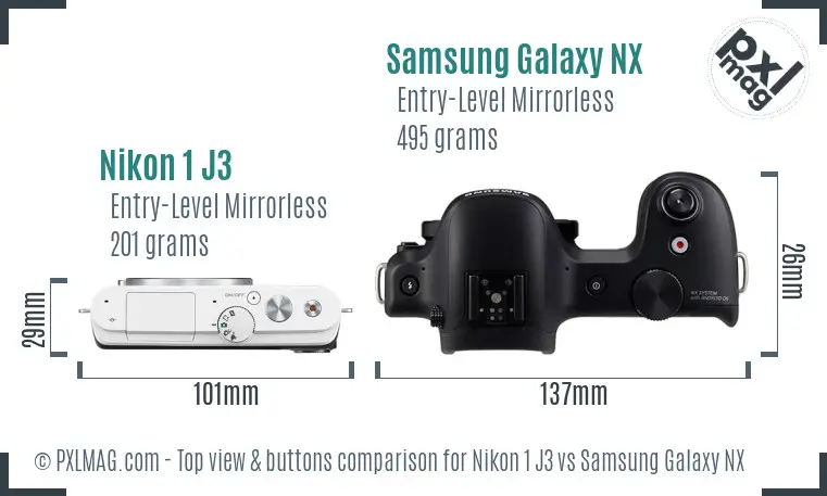 Nikon 1 J3 vs Samsung Galaxy NX top view buttons comparison