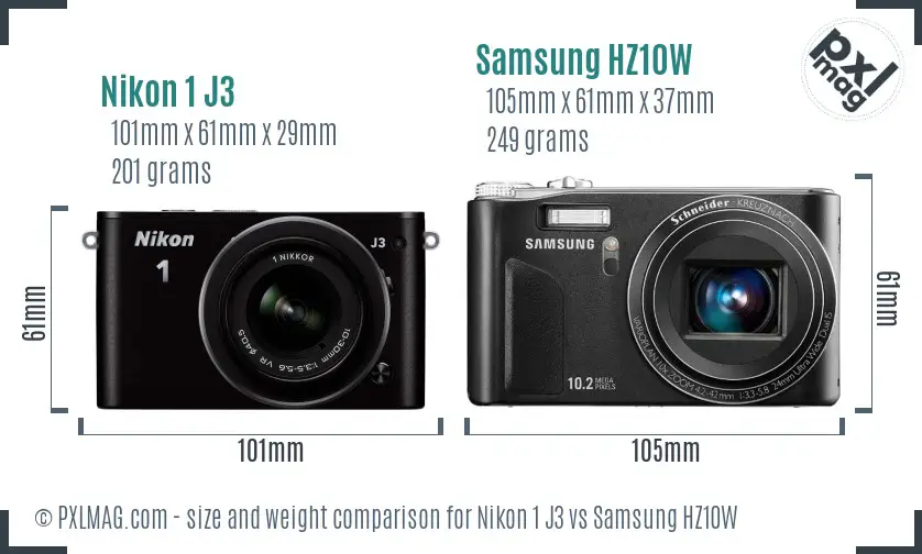 Nikon 1 J3 vs Samsung HZ10W size comparison