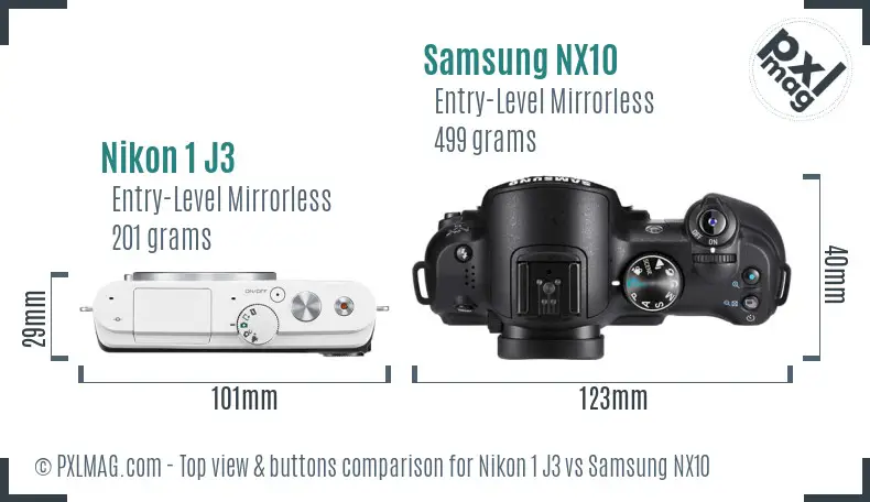 Nikon 1 J3 vs Samsung NX10 top view buttons comparison