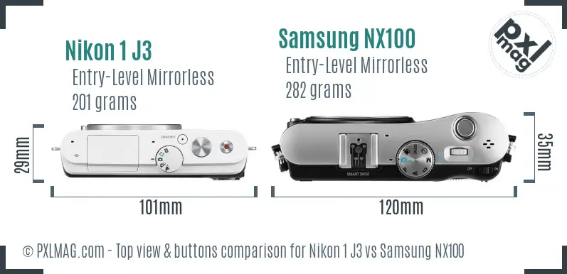 Nikon 1 J3 vs Samsung NX100 top view buttons comparison