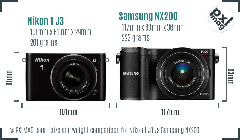 Nikon 1 J3 vs Samsung NX200 size comparison