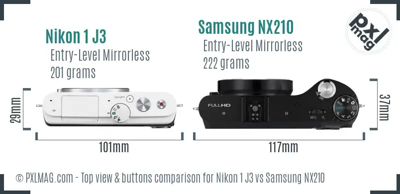 Nikon 1 J3 vs Samsung NX210 top view buttons comparison Nikon 1 J3 vs Samsung NX210 top view buttons comparison