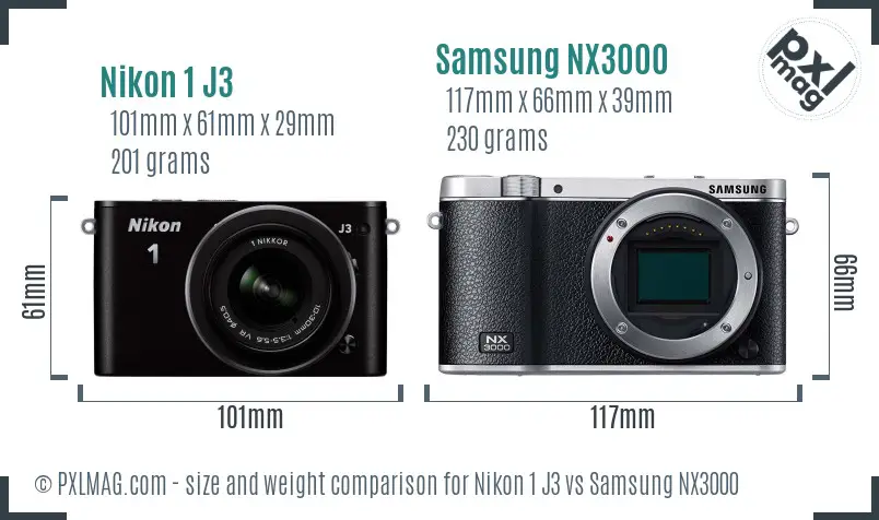 Nikon 1 J3 vs Samsung NX3000 size comparison