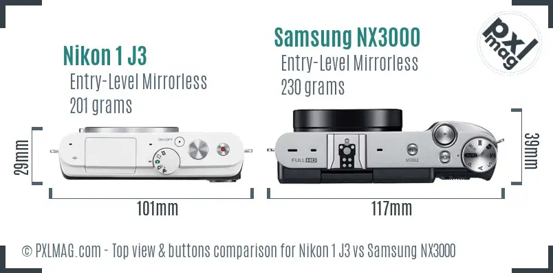 Nikon 1 J3 vs Samsung NX3000 top view buttons comparison