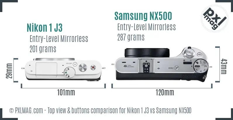 Nikon 1 J3 vs Samsung NX500 top view buttons comparison