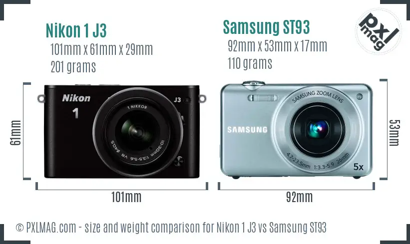 Nikon 1 J3 vs Samsung ST93 size comparison