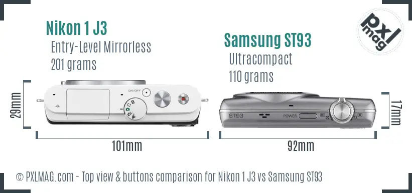 Nikon 1 J3 vs Samsung ST93 top view buttons comparison
