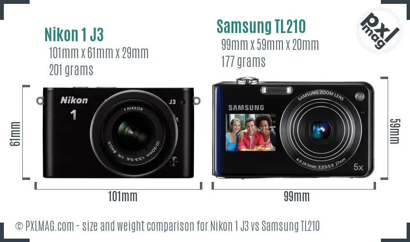 Nikon 1 J3 vs Samsung TL210 size comparison