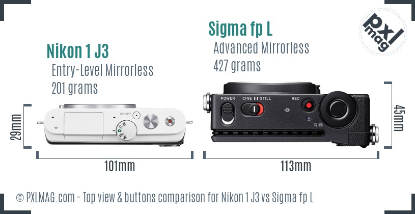 Nikon 1 J3 vs Sigma fp L top view buttons comparison
