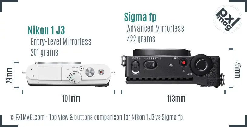 Nikon 1 J3 vs Sigma fp top view buttons comparison