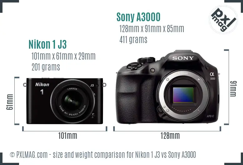 Nikon 1 J3 vs Sony A3000 size comparison