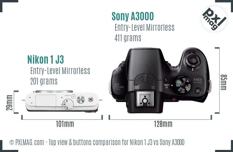 Nikon 1 J3 vs Sony A3000 top view buttons comparison