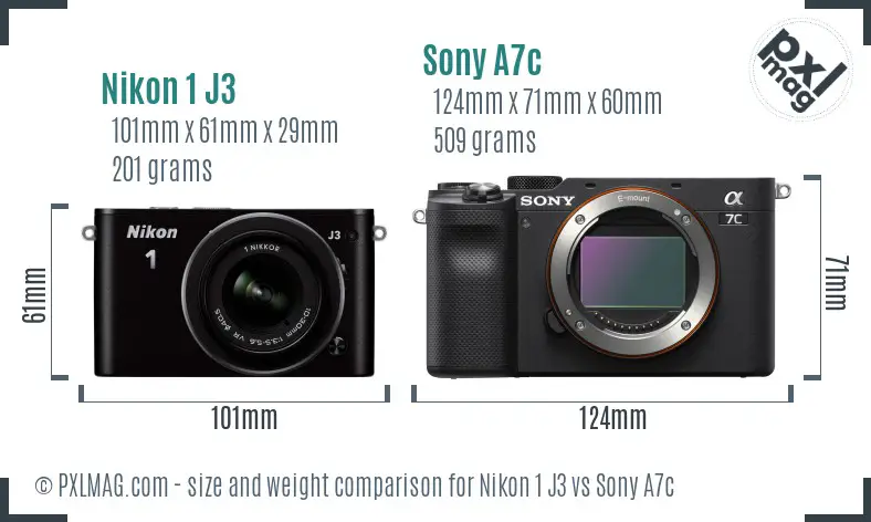 Nikon 1 J3 vs Sony A7c size comparison