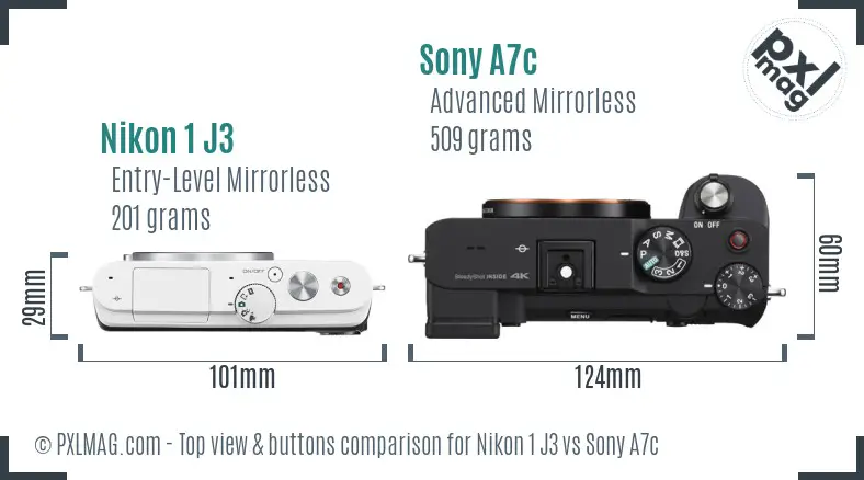 Nikon 1 J3 vs Sony A7c top view buttons comparison