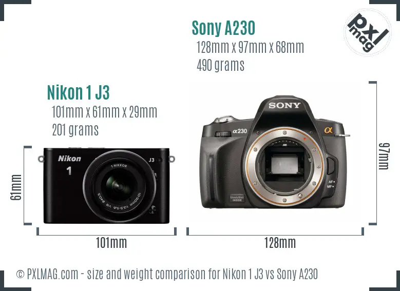 Nikon 1 J3 vs Sony A230 size comparison