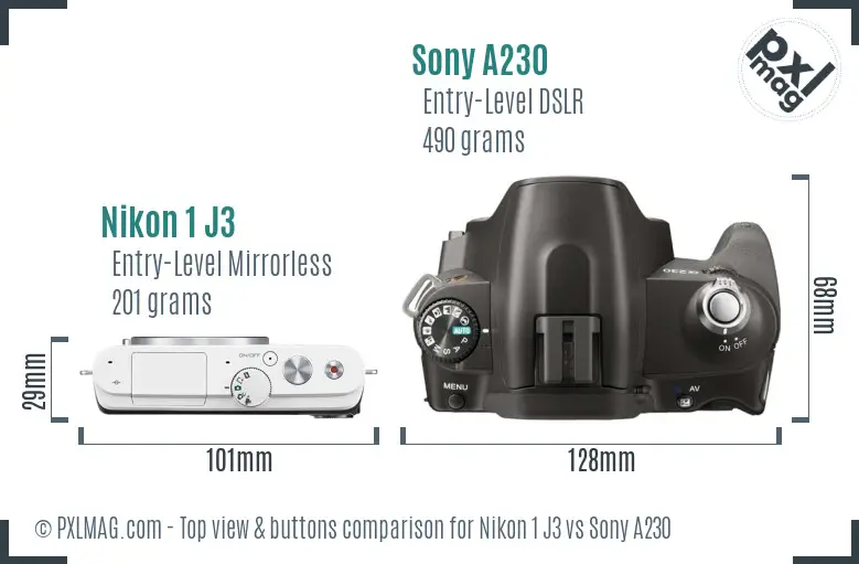 Nikon 1 J3 vs Sony A230 top view buttons comparison