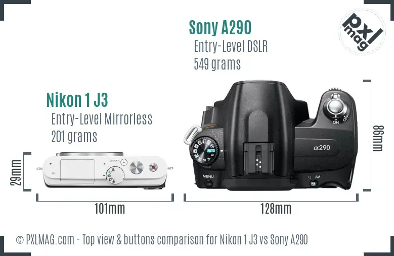 Nikon 1 J3 vs Sony A290 top view buttons comparison