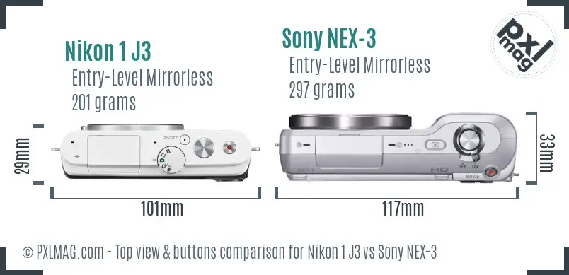 Nikon 1 J3 vs Sony NEX-3 top view buttons comparison Nikon 1 J3 vs Sony NEX-3 top view buttons comparison