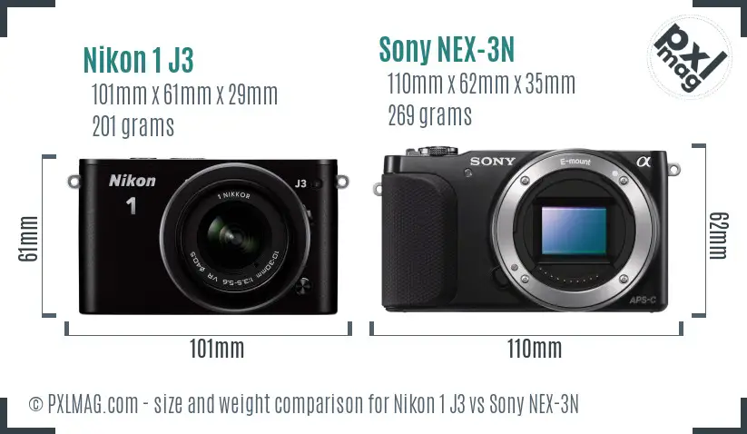 Nikon 1 J3 vs Sony NEX-3N size comparison