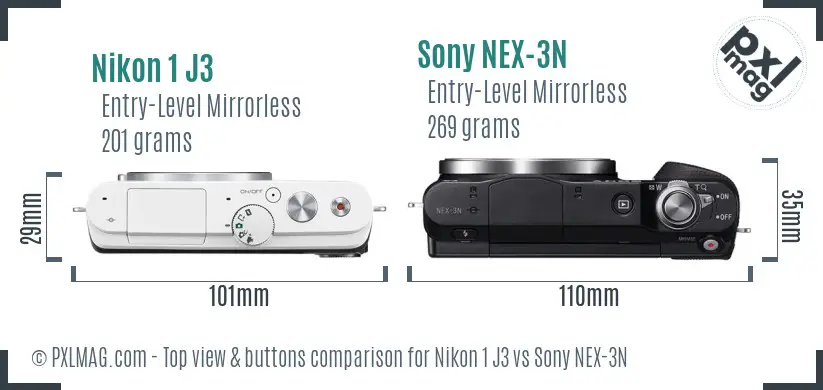 Nikon 1 J3 vs Sony NEX-3N top view buttons comparison