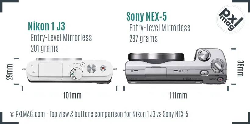 Nikon 1 J3 vs Sony NEX-5 top view buttons comparison Nikon 1 J3 vs Sony NEX-5 top view buttons comparison