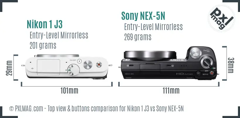 Nikon 1 J3 vs Sony NEX-5N top view buttons comparison