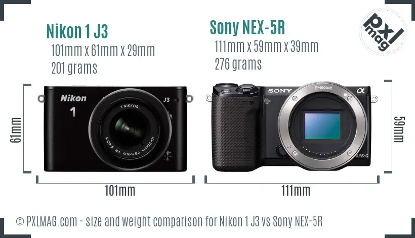 Nikon 1 J3 vs Sony NEX-5R size comparison