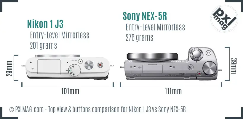 Nikon 1 J3 vs Sony NEX-5R top view buttons comparison