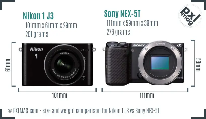 Nikon 1 J3 vs Sony NEX-5T size comparison