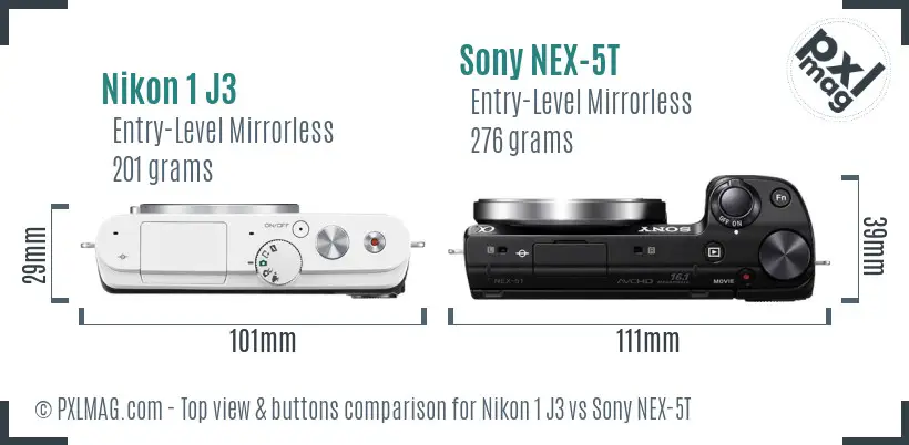 Nikon 1 J3 vs Sony NEX-5T top view buttons comparison