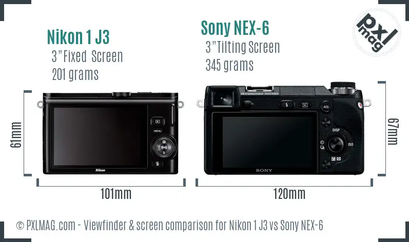 Nikon 1 J3 vs Sony NEX-6 Screen and Viewfinder comparison
