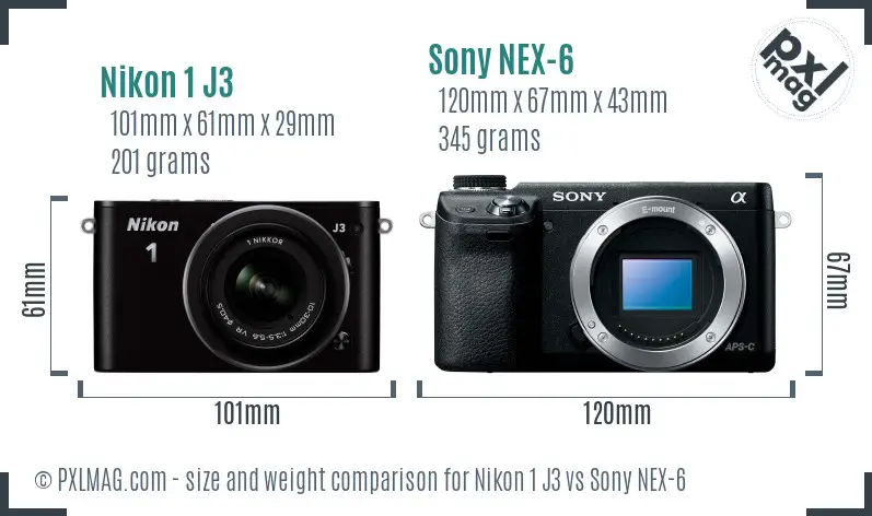 Nikon 1 J3 vs Sony NEX-6 size comparison