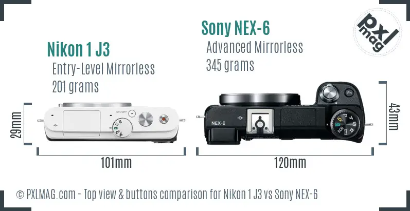 Nikon 1 J3 vs Sony NEX-6 top view buttons comparison