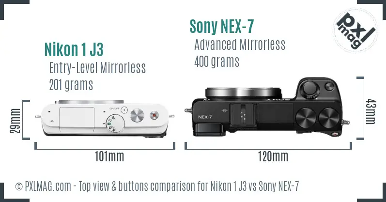 Nikon 1 J3 vs Sony NEX-7 top view buttons comparison