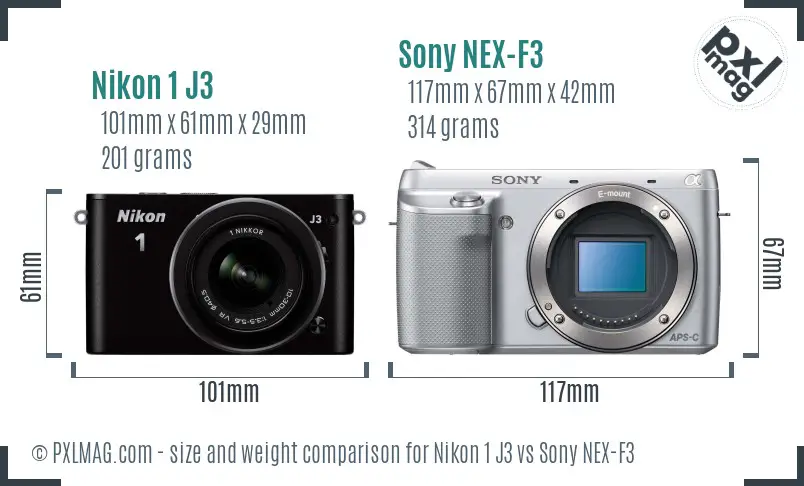 Nikon 1 J3 vs Sony NEX-F3 size comparison