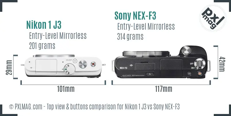 Nikon 1 J3 vs Sony NEX-F3 top view buttons comparison