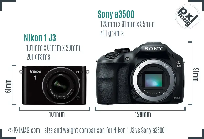 Nikon 1 J3 vs Sony a3500 size comparison