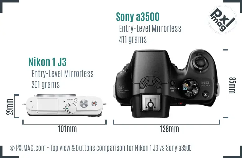 Nikon 1 J3 vs Sony a3500 top view buttons comparison