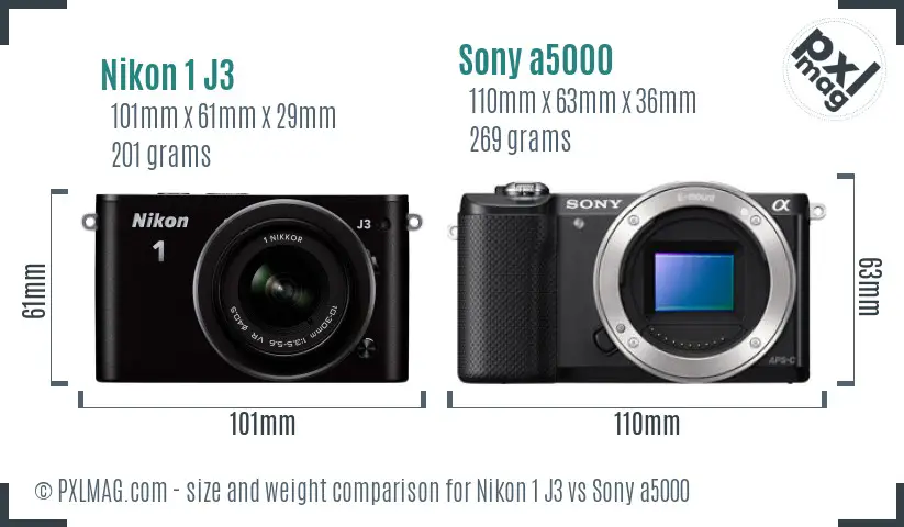 Nikon 1 J3 vs Sony a5000 size comparison