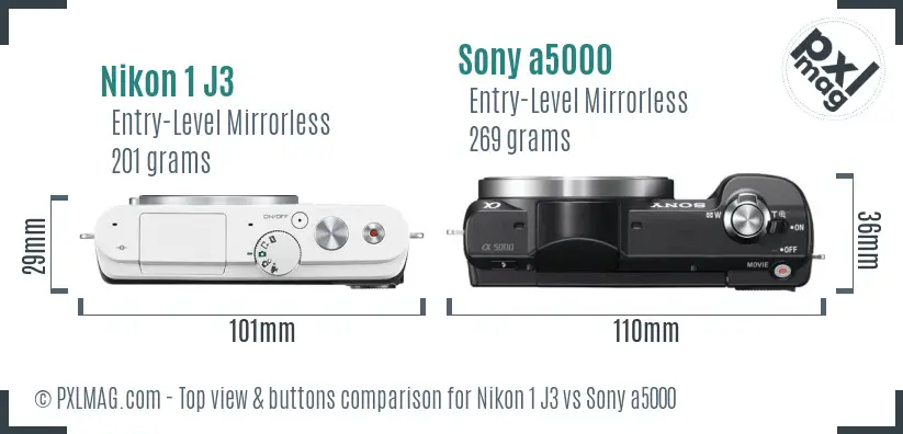 Nikon 1 J3 vs Sony a5000 top view buttons comparison