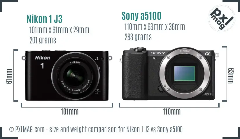 Nikon 1 J3 vs Sony a5100 size comparison