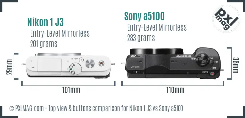 Nikon 1 J3 vs Sony a5100 top view buttons comparison