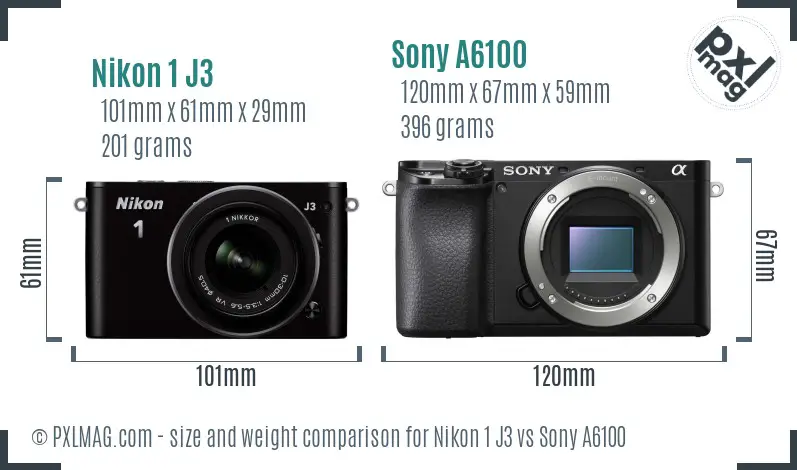Nikon 1 J3 vs Sony A6100 size comparison