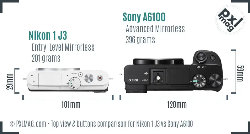 Nikon 1 J3 vs Sony A6100 top view buttons comparison