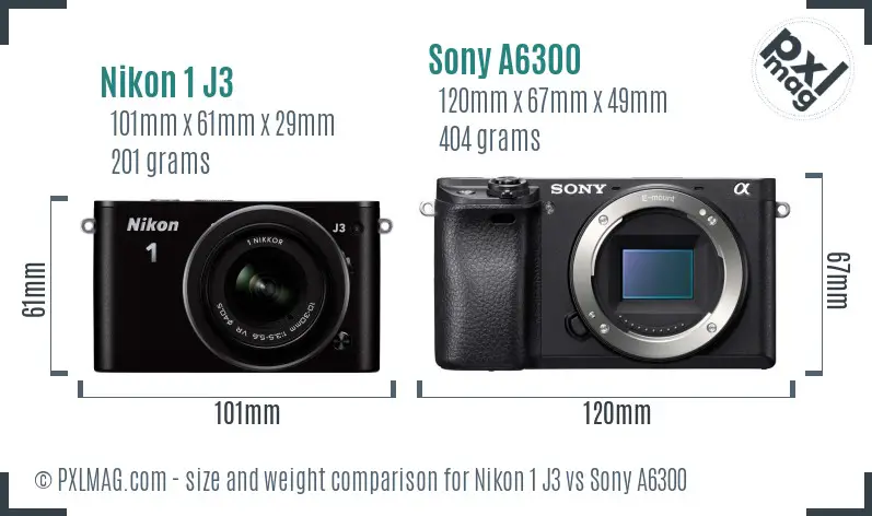 Nikon 1 J3 vs Sony A6300 size comparison