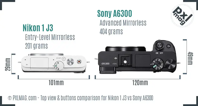Nikon 1 J3 vs Sony A6300 top view buttons comparison