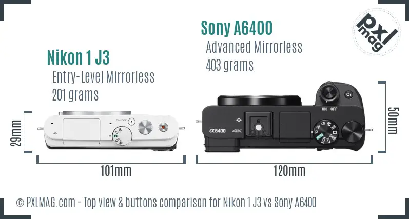 Nikon 1 J3 vs Sony A6400 top view buttons comparison